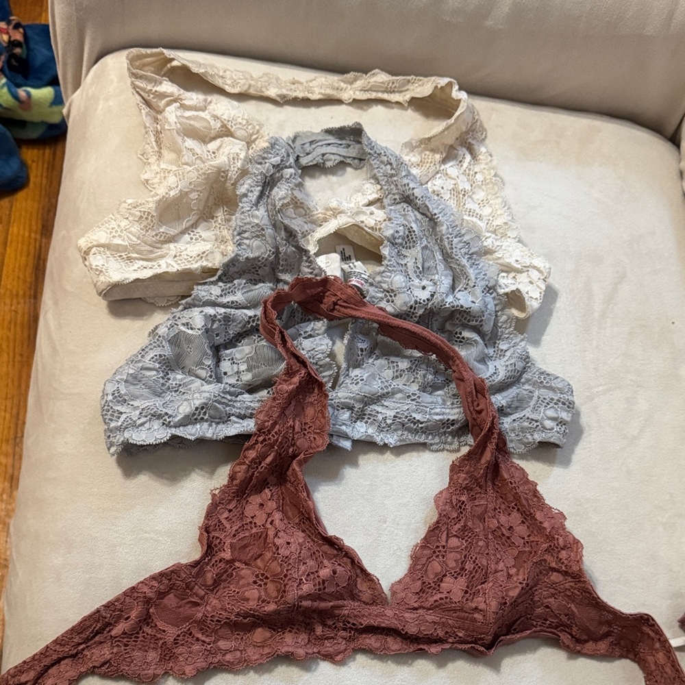 Three Free People Lace Halter Bralette Trio - Cream, Gray, Brown